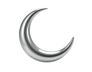 Shiny, silver crescent moon on a black backdrop, reflecting light