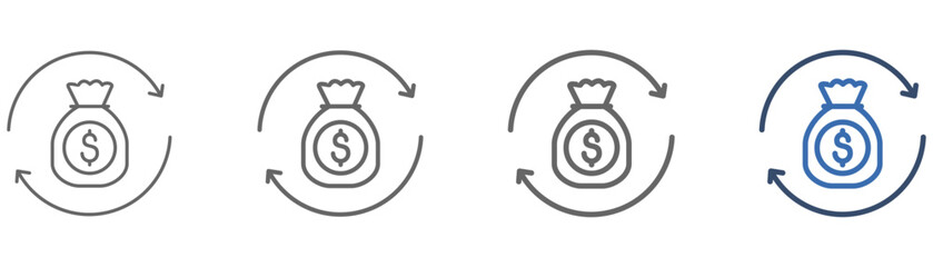 
outline icon set return on investment with design of two semicircles top and bottom and money bag