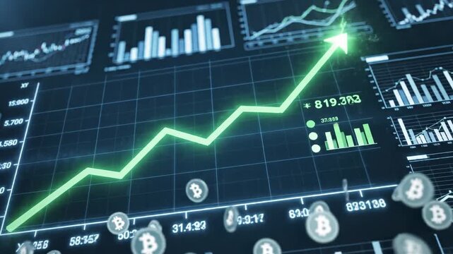 Digital Currency Value Increase Chart - A digital chart displays an upward trend in the value of digital currencies, highlighting significant growth over time.