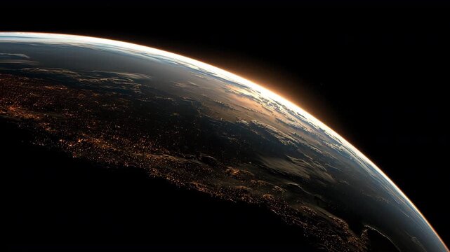 夜明けの光に縁取られた地球を宇宙から捉えた写真