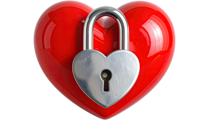 Shiny, red heart with a silver padlock, symbolizing security