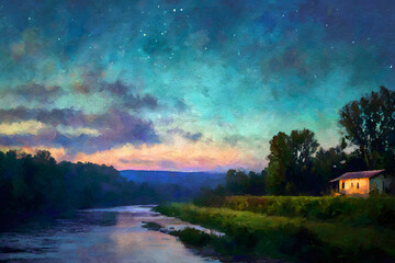 Obraz premium a painting of a house by a river