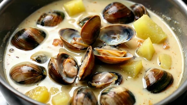 Creamy clam chowder with potatoes and seafood.