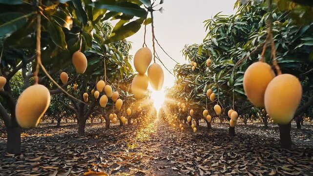 Cinematic view of ripe yellow mangoes hanging on trees in an orchard farm during golden hour sunset with sun flare