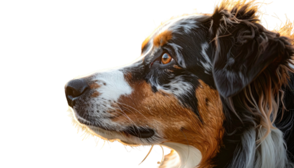 Profile portrait of a multi-colored dog with a gentle gaze