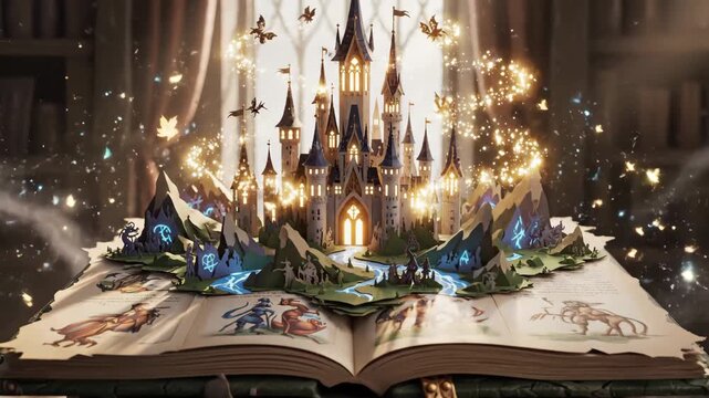 Magical Pop-Up Castle Book - An open book displays a pop-up fairytale world with a glowing castle, mountains, and a river. Animated sparkles and flying creatures enhance the magical atmosphere.