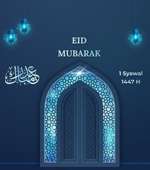 Eid Mubarak 1447 H greetings card design with Islamic elements on dark background. Islamic template design for greeting card, banner, poster, social media posting