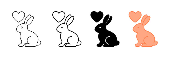 Set of minimalist rabbit and heart icons with transparent background, depicting cute pets, love symbols, animal care, and romantic concepts, vector illustration
