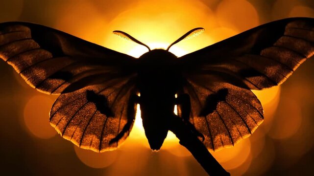Moth Silhouette Against Warm Backdrop - A silhouetted moth is front and center, its wings outstretched against a luminous, golden backdrop.