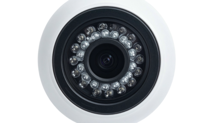 A close-up of a circular security camera, with surrounding LEDs
