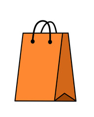 Orange paper shopping bag with black handles on white background