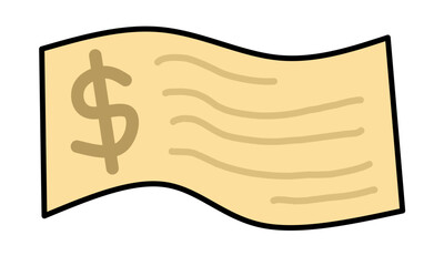 Wavy paper bank check document with dollar sign and lines