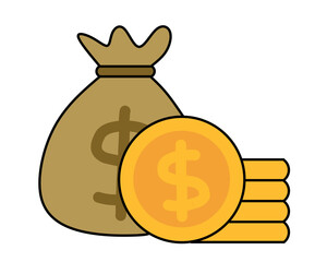 Money bag with dollar sign and stack of gold coins