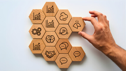 Hand arranging hexagonal wooden tiles with various business strategy icons, symbolizing concept development, problem-solving, and collaborative growth in a dynamic business environment
