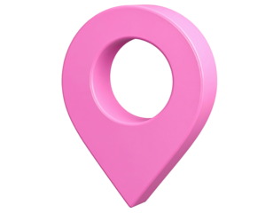 Glossy, pink, 3D pin-shaped location marker on a black background