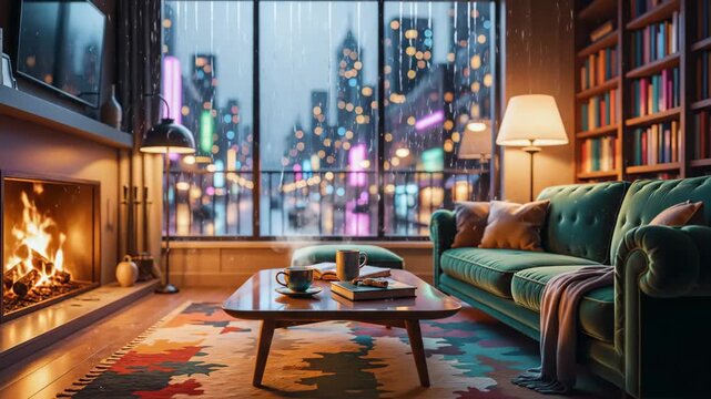 Cozy Rainy Living Room Interior - A cozy living room features a burning fireplace, a comfortable green couch, and a coffee table with books and coffee.