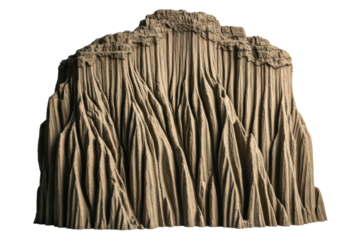 Textured beige sandy rock cliff formation with eroded surface details on a transparent background