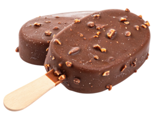 Two chocolate-covered ice cream bars with nut pieces on wooden sticks