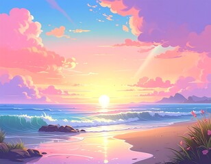 Cartoon-style sunset scene over ocean waves and sandy beach