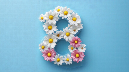 Floral Number Eight with Daisies on Blue Background
