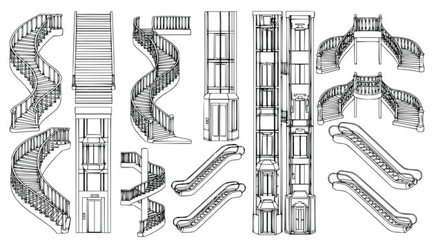 Set of Architectural Stairs, Elevators, and Escalators Line Art Sketches for Interior Design and Construction