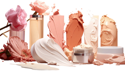 Makeup product displays with flowers, textures, jars, and creamy swirls