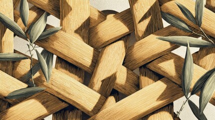Fototapeta premium A close-up of interwoven wooden elements with olive-green leafy sprigs. The image showcases natural textures and warm lighting