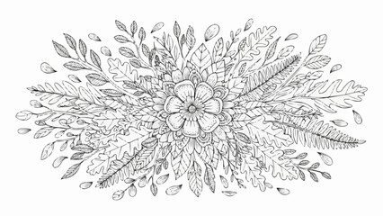 Detailed botanical illustration of a central flower surrounded by leaves and branches.