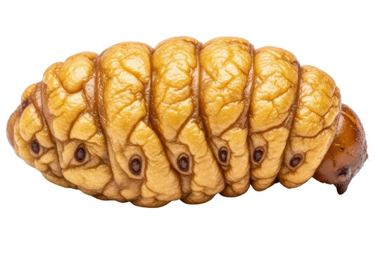 Parasitic botfly larva with wrinkled yellow body segments on a transparent background