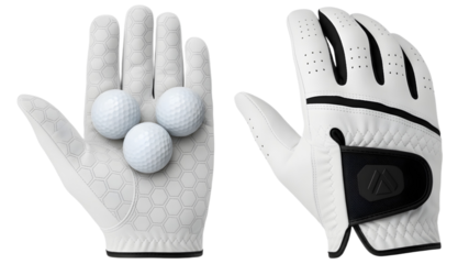 Pair of White Golf Gloves Holding Three Golf Balls on Transparent Background