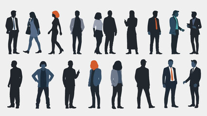 Collection of diverse silhouettes of men and women in various poses, representing a professional and social gathering