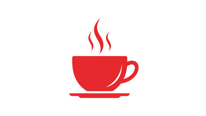 A simple, clean red icon of a steaming cup of coffee on a saucer, representing hot beverages and relaxation