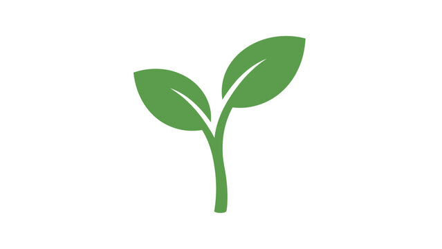 A simple, minimalist graphic illustration of a young green sprout with two leaves emerging from a stem, symbolizing growth, nature, and new beginnings