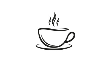 A Minimalist Black and White Line Art Illustration of a Steaming Cup of Coffee on a Saucer