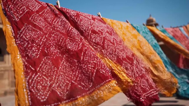 Bandhani Tie-Dye Cloths Drying in Rajasthan - Colorful Bandhani tie-dye cloths with geometric patterns flutter in the sun in Rajasthan, India.