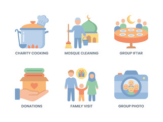 Vector icons Set of six flat design icons illustrating various Islamic charitable and community activities. Vector Illustration. EPS Editable