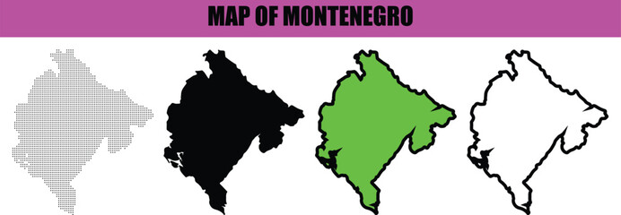 Obraz premium Montenegro country map silhouette designed with smooth line art and dot texture, contemporary vector artwork isolated on white background suitable for web graphics, reports, and educational use