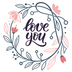 Elegant Typographic  Love You  With Floral Wreath  SVG Vector Design