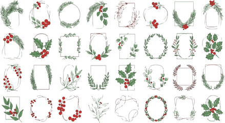 Collection of Hand Drawn Christmas Floral Wreaths and Botanical Frames with Red Berries and Pine Branches for Holiday Stationery