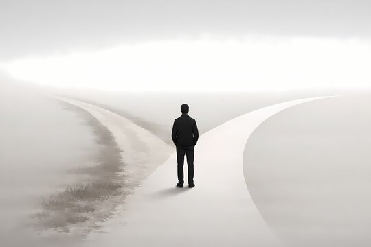 An illustration of a person standing alone at a diverging path, symbolizing decision making, personal choice, independence, and the quiet clarity often found by those who feel comfortable being alone.