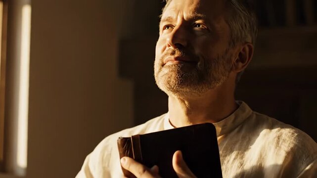 Man Reading Bible with Faith - A Caucasian man in a white shirt is shown holding and reading a Bible. He is looking up, showing faith and devotion in a spiritual moment with sunlight in the