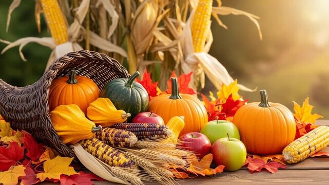Autumn harvest display with pumpkins and cornucopia