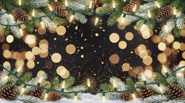 Festive Christmas Border with Glowing Lights - This video features a festive Christmas border composed of snow-dusted pine branches and pinecones intertwined with glowing string lights.