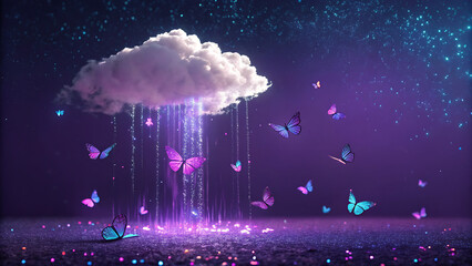 A magical night scene with a glowing cloud raining sparkling light, illuminating vibrant, luminous butterflies in a dreamy purple landscape