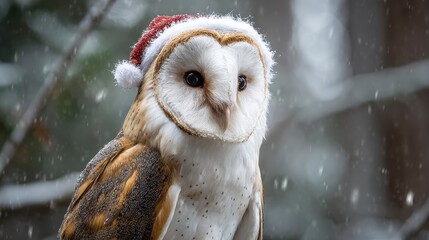 A close-up shot of a barn owl wearing a festive hat in a snowy environment. The bird looks directly at the camera