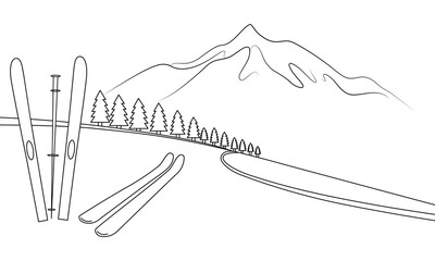 line drawing of skis and mountain landscape with trees