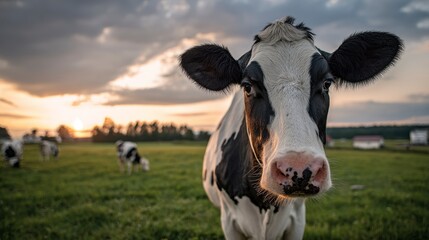 A close-up shot of a black and white cow looking towards the camera in a grassy field at sunset. Other cows graze in the background