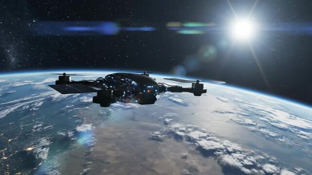 Robotic Drone Orbiting Planet Earth - Cinematic shot of a futuristic robotic drone orbiting planet Earth in space. The sun shines brightly in the background, adding an ambiance to the scene.