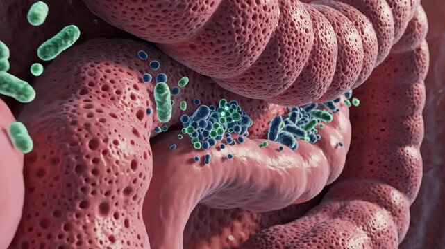 Healthy Large Intestine with Good Bacteria - This close-up video shows a healthy large intestine populated with beneficial bacteria. The bacteria aid in digestion and overall gut health.