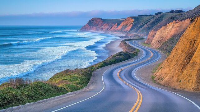 A scenic coastal highway winds along a rugged cliffside, offering breathtaking views of the ocean waves crashing against the sandy shore under a serene, cloud-filled sky